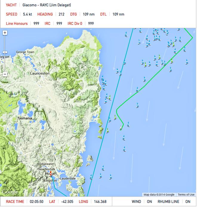 Track and location of Giacomo which has lost her rig in the Rolex Sydney Hobart Race at 1800hrs on December 28, 2014 © Rolex Sydney Hobart